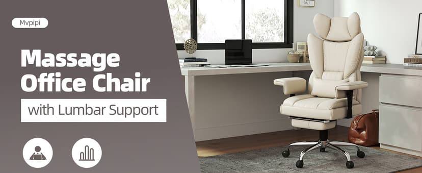 Massage Office Chair with Heat - 6 Points Vibration 400LBS Leather Reclining Office Chair with Lumbar Pillow, Adjust Headrest and Armrest, Executive Desk Chair for Home Office, Beige