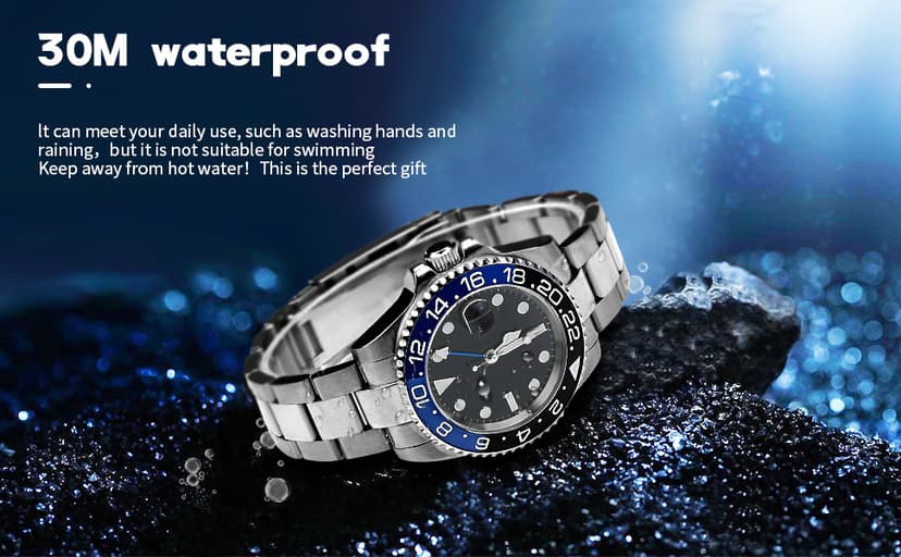 FANMIS GMT Master Sapphire Glass Blue and Black Ceramic Bezel Men's Silver Automatic Watch