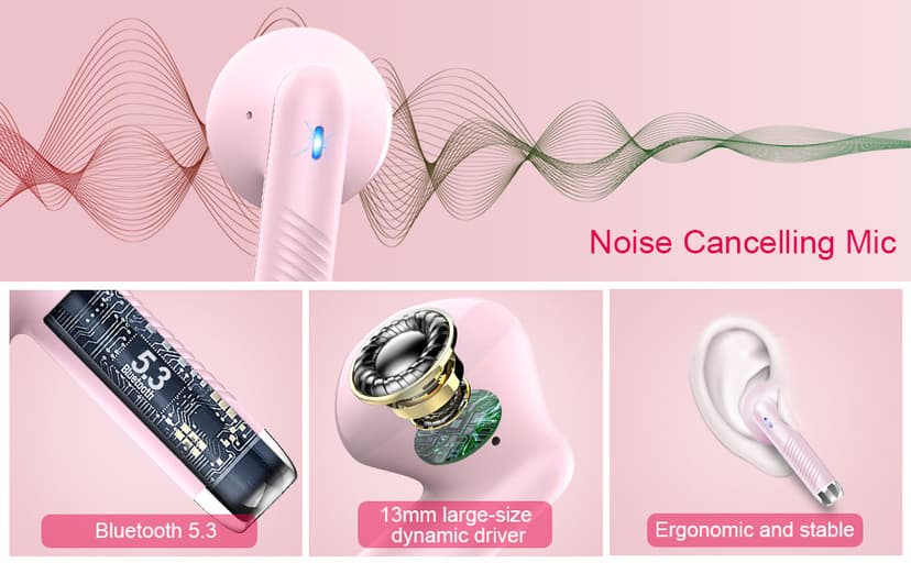 Wireless Earbuds, Bluetooth 5.4 Earbuds Stereo Bass, Bluetooth Headphones in Ear Noise Cancelling Mic, Wireless Earphones IP7 Waterproof Sports, 32H Playtime Mini USB C Charging Ear Buds Light Pink