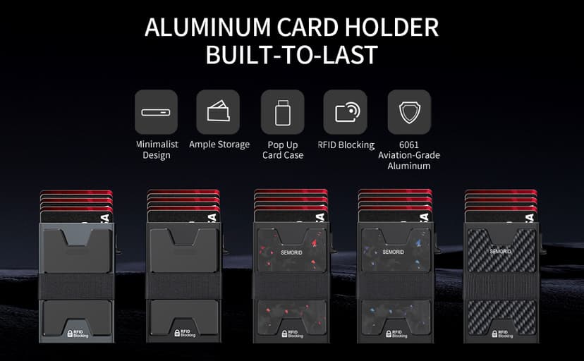 SEMORID Slim Aluminum Card Holder Wallet for Men, Durable Expandable Backplate, RFID Blocking Minimalist Metal Pop Up Wallet, Holds 12+ Cards Plus Cash (Black)