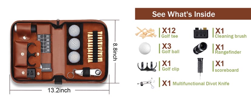 Golf Gifts for Men and Women, Golf Accessories Set with Hi-End Case, Golf Balls, Rangefinder, Golf Tees, Brush, Multifunctional Divot Knife, Scorer, Golf Ball Clamp