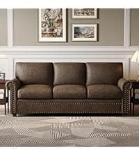ONBRILL Faux Leather Sofa, 84 Inches Nailhead Trim Couch for Living Room, Mid-Century Modern Deep Seat Sofa with Rolled Arms, Classic 3 Seater Couch for Apartment, Office, Brown