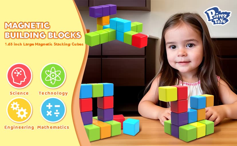Sensory & Montessori Toys for Boys & Girls 1 2 3 Years Old, Toddler Travel Toys, Magnet Toys for Kids Birthday Gifts (12 PCS) Magnetic Building Blocks Large, 1.65 inch Stacking Cubes for Toddlers B0CHJTD1FS