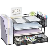gianotter Dual Monitor Stand Riser, Desk Organizer With Drawer and 2 Pen Holders, Computer Monitor Stand, Desk Shelf for Top of Desk (Black)