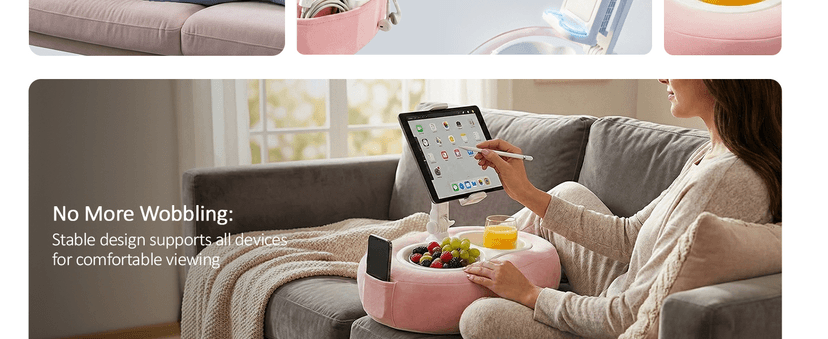 Compatible with Kindle, iPad, Phone and Tablet 5" to 12.9", Soft Plush Fabric, with 2 Snack Bowls, for Reading and Relaxing Miledi Tablet Pillow Stand for Bed with 360° Rotating Holder, Pink B0DJ2NSNFP