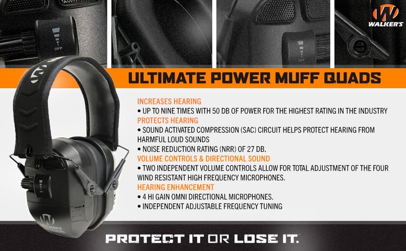 WALKER'S Ultimate Power Muff Quads - Hearing Protection Noise Reduction 26dB NRR Hunting Gun Range Shooting Electronic Earmuffs with AFT, 2 AAA Batteries Included