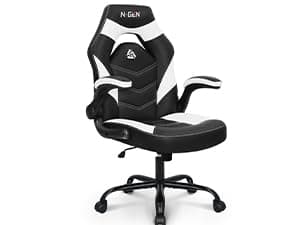 N-GEN GAMING Video Gaming Chair with Footrest Lumbar Support for Home Office High Back Recliner Height Adjustable Ergonomic Comfy Leather Computer Desk Chair (White)