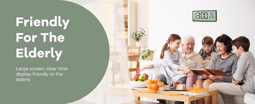 JALL 14.5" Large Digital Wall Clock Battery Operated with Big Digits LCD Screen Display, Day, Date, Alarm, Auto DST, Temperature for Living Room, Bedroom, Desk Decor, Mounted, Gift for Elderly