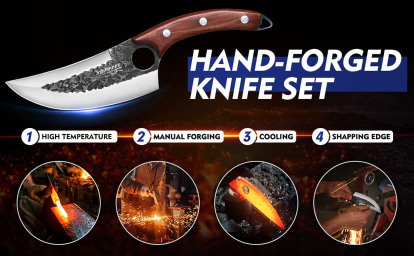 3PCS Butcher Knife Set, Hand Forged Serbian Chef Knives & Meat Cleaver & Viking Knives, Meat Cutting Kitchen Knife Set for Home, Outdoor Cooking, Camping BBQ Gift Idea Men
