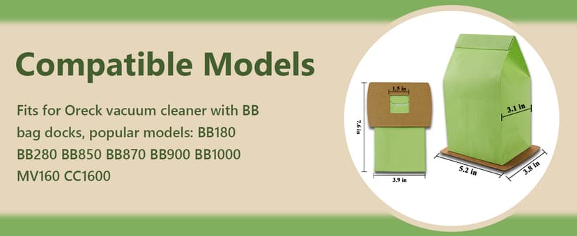 PKBB12DW Type BB Compact Canister Vacuum Bags Replacement for Oreck XL Buster B Canister Handheld Vacuum Cleaner BB180 BB280 BB850 BB870 BB900 BB1000 MV160 CC1600, 10 Pack