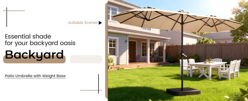 15ft Patio Umbrella with Base,Large Outdoor Double-Sided Rectangle Umbrella with Crank Handle, Market Umbrella for Poolside Garden Deck Backyard Beach Pools, Beige