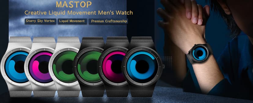 MASTOP Watches for Men Fashion Creative Liquid Movement Original Design Starry Sky Vortex Watch Men Steel Mesh Men's Watch Clock Round Unique Wristwatch Minimalist Gradient Color