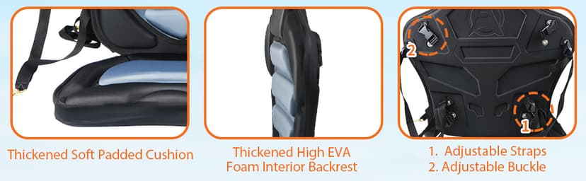 Kayak Seat Deluxe Padded Fishing Boat Seat Deluxe Sit-On-Top Canoe Seat Cushioned - Comfortable Backrest Support Universal Sit with Adjustable Back Strap Detachable Storage Bag