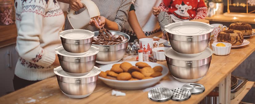 Mixing Bowls with Airtight Lids Set, 26PCS Stainless Steel Khaki Bowls with Grater Attachments, Non-Slip Bottoms & Kitchen Gadgets Set, Size 7, 4, 2.5, 2.0,1.5, 1QT, Great for Mixing & Serving