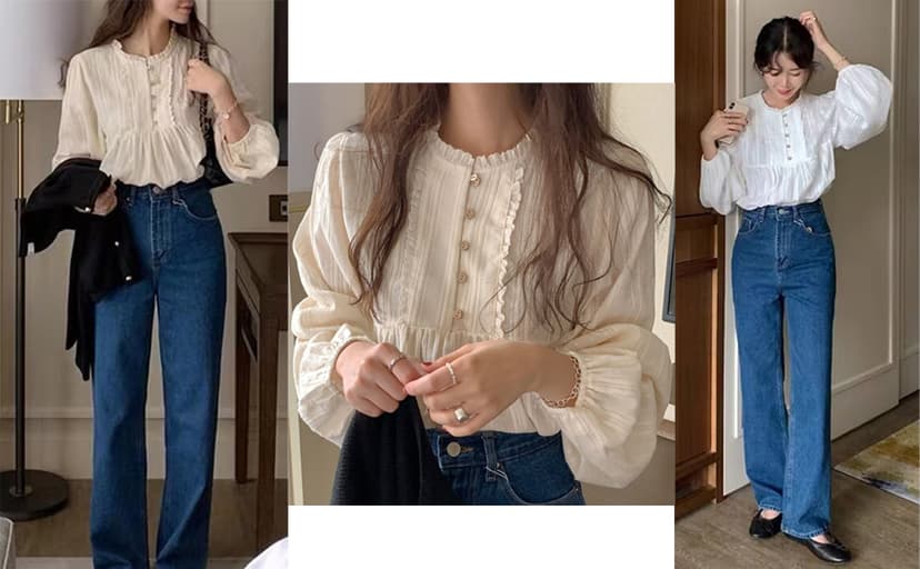 UICIOP Korean Version of Women's Shirt, Women's Sweet Round Neck Pleated Small lace top, Women's Long Sleeved Shirt top