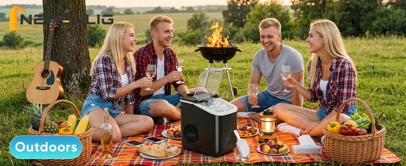 NEWBULIG Ice Maker, Countertop Ice Machine with Handle, 9 Bullet Cubes in 6~8 Mins, 26lbs Daily, Self-Cleaning with Basket and Scoop for Home/Kitchen/Camping/RV
