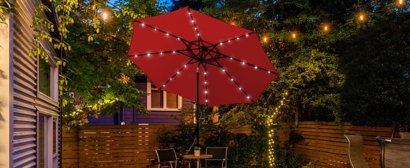 Blissun 9 ft Solar Umbrella 32 LED Lighted Patio Umbrella Table Market Umbrella with Tilt and Crank Outdoor Umbrella for Garden, Deck, Backyard, Pool and Beach (Navy Blue)