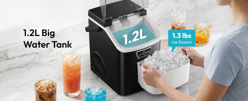 EUHOMY Nugget Ice Maker Countertop with Handle, Ready in 4 Mins, Max 40lbs/24H, Chewable Ice, Self-Cleaning, Portable Sonic Ice Maker with Basket and Scoop, for Home/Party/RV/Camping (Black)
