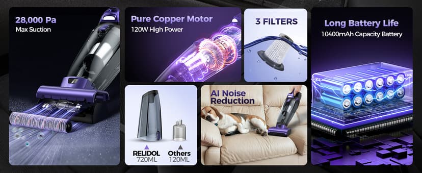 Pet Hair Handheld Vacuum Cordless: 20000PA High Power Car Vacuum with Motorized Brush and LED Light, Rechargeable Hand Held Vacuum Cleaner with Reusable Filter for Car, Home, Office & Pet, Purple