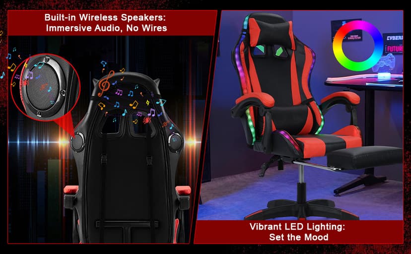 Gaming Chair with Bluetooth Speakers and Led Lights, Massage Gamer Chair with Footrest High Back and Lumbar Support, Ergonomic Height Adjustable Video Game Chairs Recliner for Adults (Black Red)
