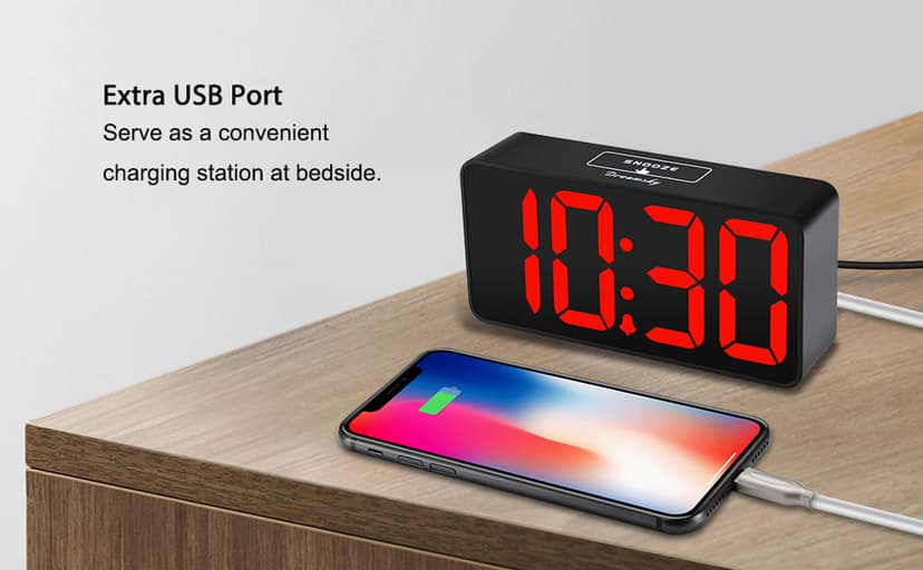 DreamSky Small Digital Alarm Clock for Bedroom, Large Big Numbers Display with Brightness Dimmer, Electric Bedside Desk Clock with USB Charging Port, Adjustable Alarm Volume, USB-C Adapter Powered