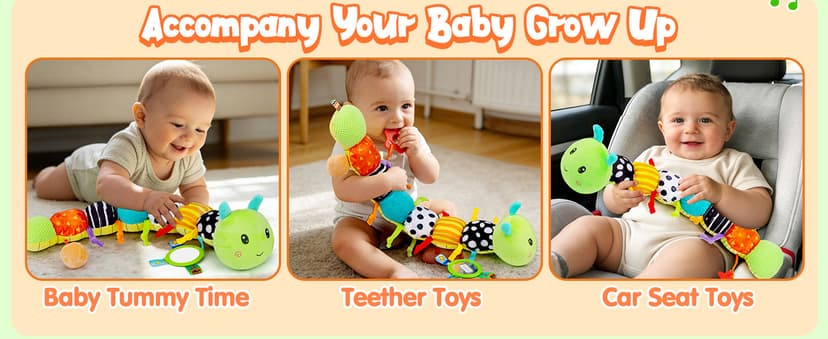 Baby Sensory Toy 0-6 Month Music Animal Stuffed Plush Caterpillar Toy for Infant 0-3-6-12 Month Old Tummy Time with Baby Mirror Crinkle Rattle Carseat Toys for Newborn Boys Girl Shower Gifts
