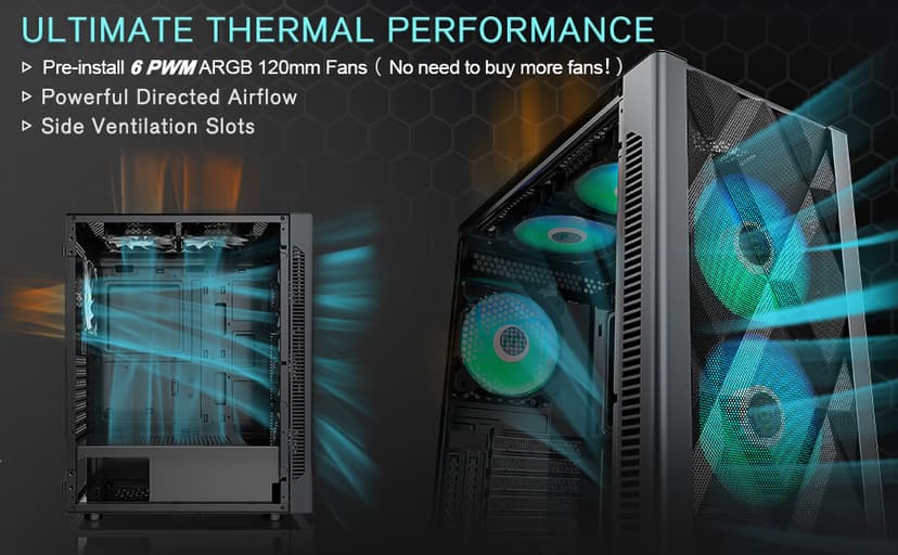 MUSETEX ATX PC Case Pre-Install 6 PWM ARGB Fans, Polygonal Mesh Computer Gaming Case, Opening Tempered Glass Side Panel Mid-Tower Case, USB 3.0 x 2, Black, NN8