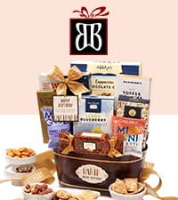 Broadway Basketeers Birthday Gift Basket Tower – Snack Boxes with Gourmet Cookies, Chocolates & Popcorn – Happy Birthday Gifts for Women, Mom, Sister, Friends & Coworkers