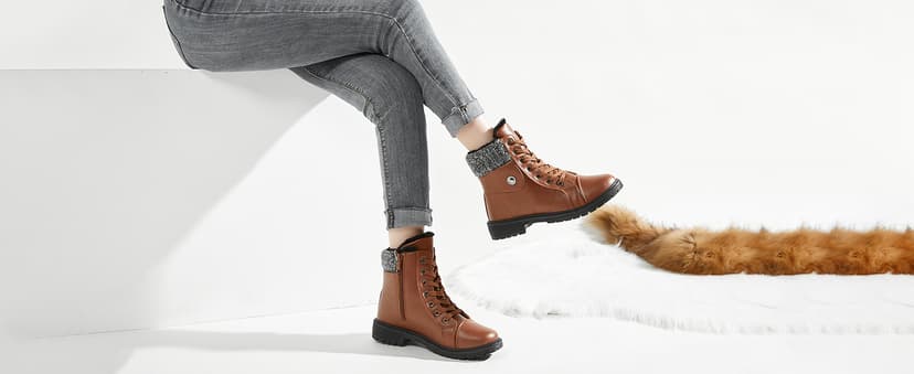 FRACORA Women's PU Leather Combat Boots Warm Fur Lined Black Ankle Booties Side Zipper White Boots Non-slip Winter Boots