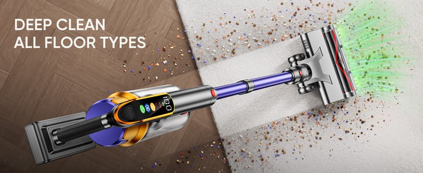 DIFFULL Cordless Vacuum Cleaner, 650W 55KPA 70Mins Vacuum Cleaners for Home, Stick Vacuum with 1.8L Cup, Anti-Tangle, 8-Stage Filter System, Green Light for Pet Hair, Carpet, Floor