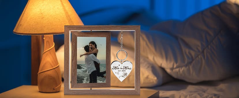 Wedding Gifts for Couples 2025,Rotating Floating Mr and Mrs Picture Frame,4x6 Rustic Picture Frame Engagement Gifts for Couples,Bridal Shower Gift for Bride to Be