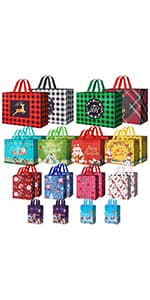 Heetobcos 12 Pack Christmas Gift Bags Large Reusable Tote Bags, Non-Wove Bags for New Year's Shopping, Christmas Surprise, Xmas Party Supplies,12.8"×9.8"×6.7"