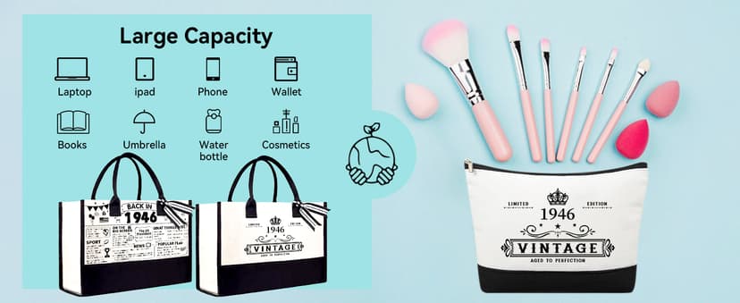 80th Birthday Gifts for Women Her- 4 pcs, Turning 80 Year Old Gifts, Decorations Canvas Beach Tote Bag & Makeup Bag, Unique Happy 80th Birthday gifts for Her Mom Wife Friends