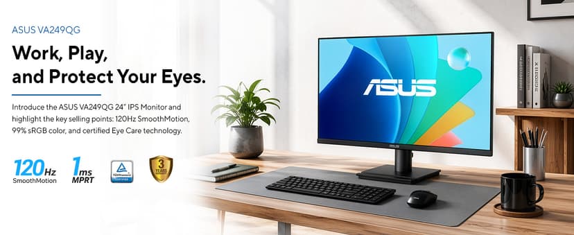 ASUS 24” 1080P Computer Monitor (VA249QG) – IPS, Full HD, 120Hz, 1ms, Adaptive-Sync, 99% sRGB, Speakers, HDMI, DisplayPort, VGA, Low Blue Light, Flicker-Free, VESA Mountable, 3yr Warranty