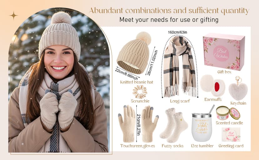 Patelai 11 Pcs Birthday Basket Gifts Set for Women Knitted Winter Beanie Hat Gloves Scarf Earmuff Tumbler Candle Fleece Socks