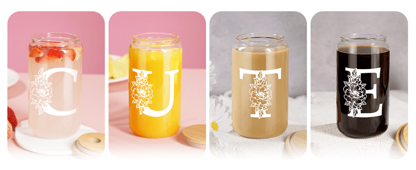 Coolife Initial Glass Cup, Monogrammed Gifts for Women, 16 oz Glass Cups w/Lids Straws, Iced Coffee Smoothie Beer Tumbler w/Straw Lid - Personalized Christmas, Birthday Gifts for Her Mom Friend Woman