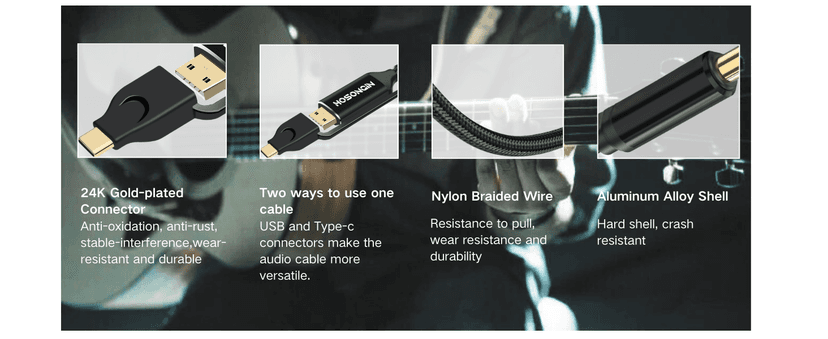 HOSONGIN USB Guitar Cable, Dual USB-C and USB-A Connectors, 16-bit/48kHz High-Fidelity Audio Adapter for Electric Guitar/Bass, Compatible with GarageBand, Audacity, and MacBook, 10 Feet