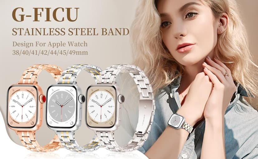 Slim Metal Band for Apple Watch Bands for Women 41mm 40mm 42mm(S10/11) 38mm iWatch Bands, Thin Dressy Fancy Strap for Apple Watch Band Series 10 11 Series 9 8 SE 7 6 5 4 3-Starlight+Rose Gold
