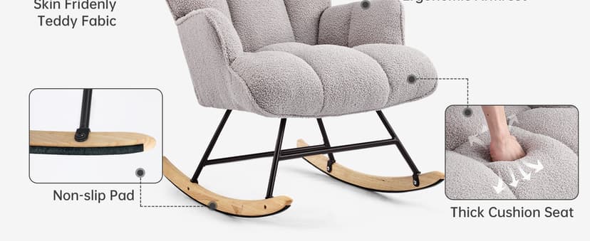 SAETSFEG Rocking Chair Nursery Teddy Upholstered Glider Rocker Rocking Accent Chair Padded Seat with High Backrest Armchair Comfy Side Chair for Living Room Bedroom Offices (Grey Teddy)