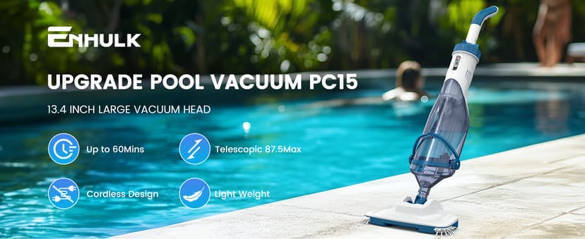 ENHULK Pool Vacuum for Above Ground Pools, 2025 Upgraded 13.4" Wide Head & Telescopic Pole, 18.5 GPM Suction, 60 Min Runtime, Cordless Handheld Rechargeable Pool Cleaner for Inground Pools (Blue)