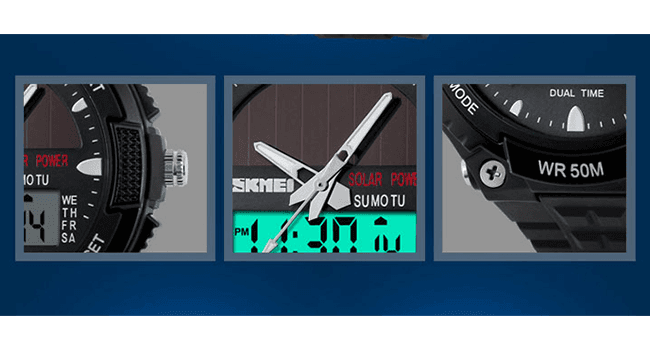 MASTOP Solar Powered Energy Watch for Men Military Digital Multifunctional Led Luminous Indication 2 Time Zone 50m Waterproof Watch Reloj Solar para Hombre