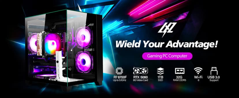 LXZ Prebuilt Gaming PC Ryzen 7 8700F, GeForce RTX 5060 (8GB), 32GB DDR5 RAM, 1TB NVMe 3.0 SSD – Desktop Computer, Tower PC for VR 4K Gamers & Creators