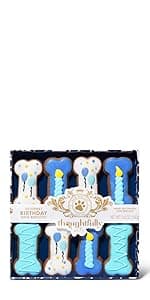 Thoughtfully Pets, Blue Dog Birthday Cookie Gift Set, Hand Decorated Crunchy Dog Treats in Bone Shapes, Great for Birthdays, Set of 8