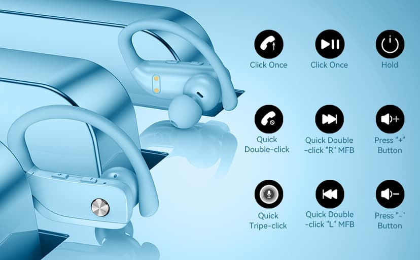 bmani Ear Buds Wireless Earbuds Bluetooth Headphones with 80H Playtime LED Display Case, Over-Ear Hook with Mic, Stereo Sound, Easy Button Controls, Sports Earphones for Running Workout Sky Blue