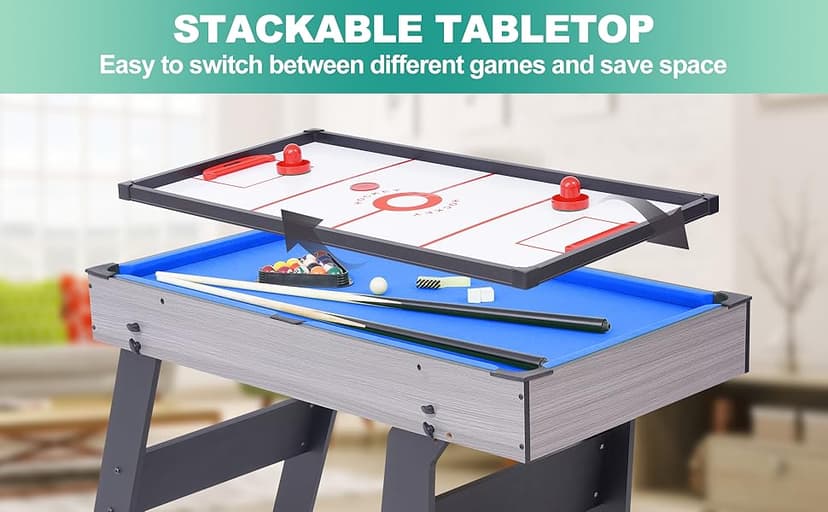 RAYKEEP Foldable Multi Game Table, 4-in-1 Combo Game Table Set with Ping Pong, Hockey, Pool Billiards and Foosball for Adults, Home, Game Room, Friends & Family