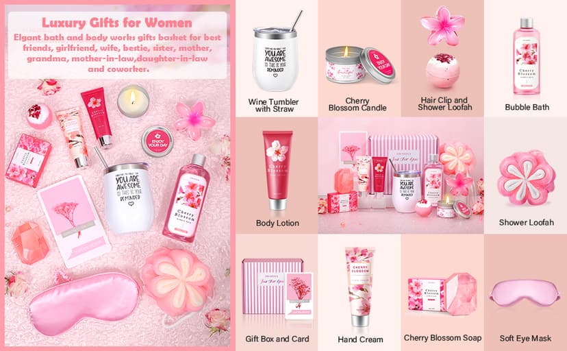Gifts for Women Birthday Gifts, Spa Gifts Set- 10 Pcs Christmas Valentine's Mother's Day Gifts and Cherry Blossoms Self Care Package Gifts Women, Relaxing Gifts Basket