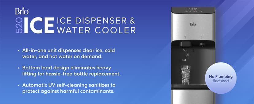 Brio 520 ICE Water Dispenser for 5 Gallon Bottle | Bullet Ice Maker Bottom Load Cooler | UV Self Cleaning, LED Touch Display with Digital Clock, Night Light, Child Safety Lock | 2X Fast Dispense