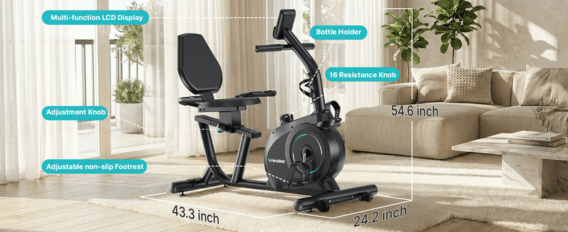 Recumbent Exercise Bike for Home, Quiet Recumbent Stationary Bike with App Sync, 16-Level Magnetic Resistance, Adjustable Seat & LCD Monitor for Adults and Seniors