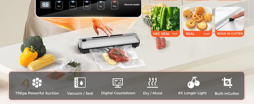 Vacuum Sealer Machine 75KPa Food with 6-in-1 Dry/Moist Modes & Digital Timer, Compact Lightweight Design, Built-in Cutter + 10 Bags (Black Silver)