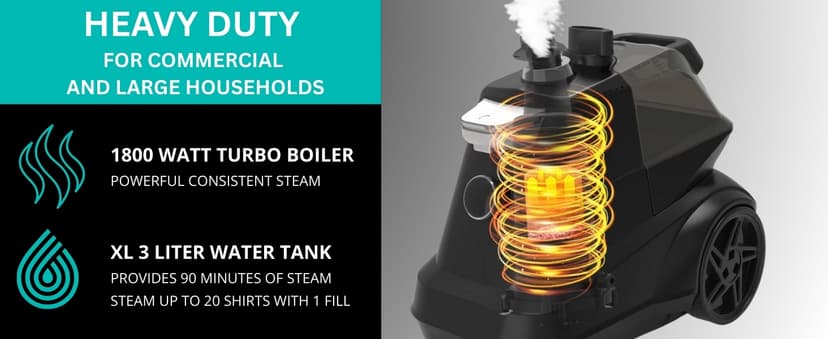 True & Tidy® Heavy-Duty Commercial Industrial Standing Garment Steamer for Clothes, 1800 watts, XL 3L water tank 90+ mins of Steam 3 Steam Settings, Step On/Off Control, Wheels for Easy Movement